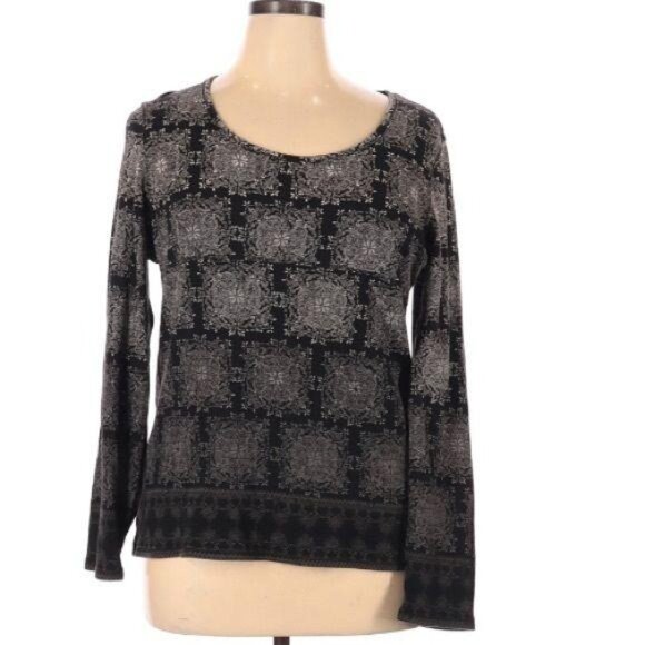 Liz & Co Black & Beige Long Sleeve Patterned Top XL 100% Cotton - Picture 2 of 5